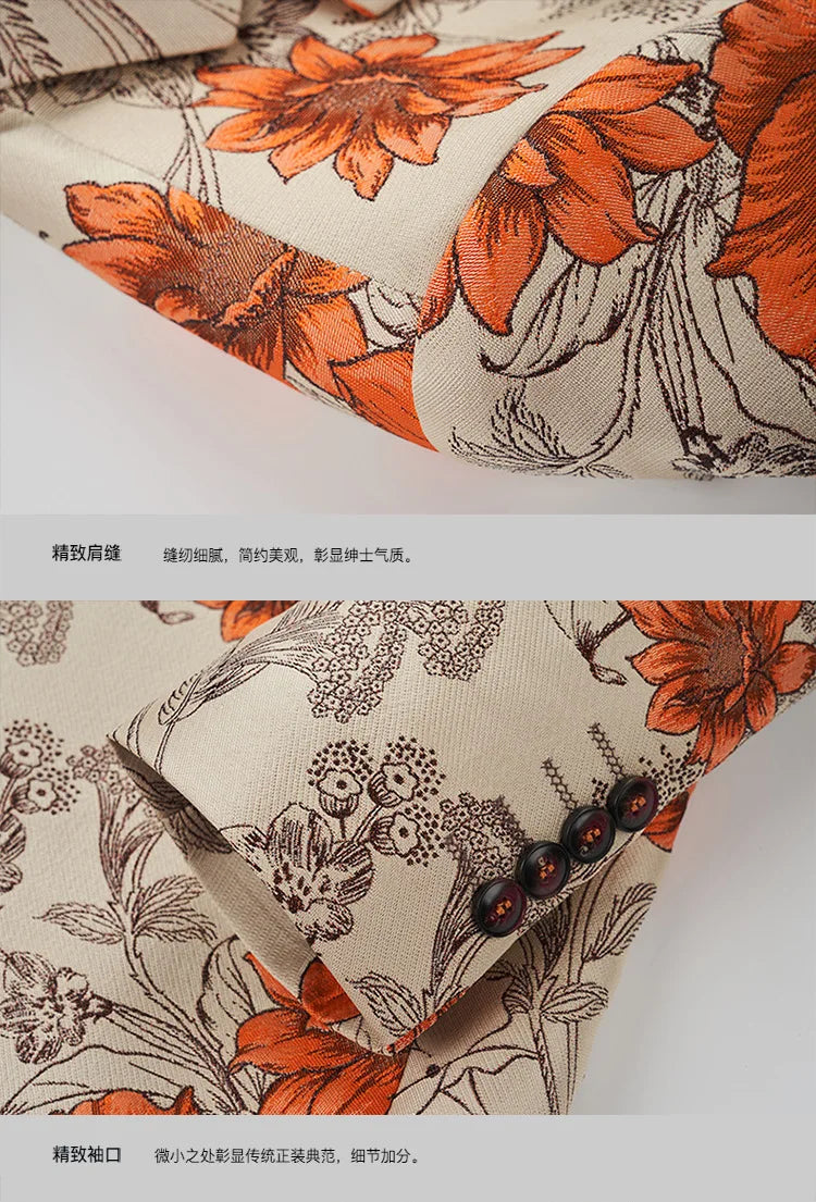 Men Suit 2 Pieces Orange Flower Pattern One Button Business Casual For Wedding Birthday Party Set Jacket And Pants