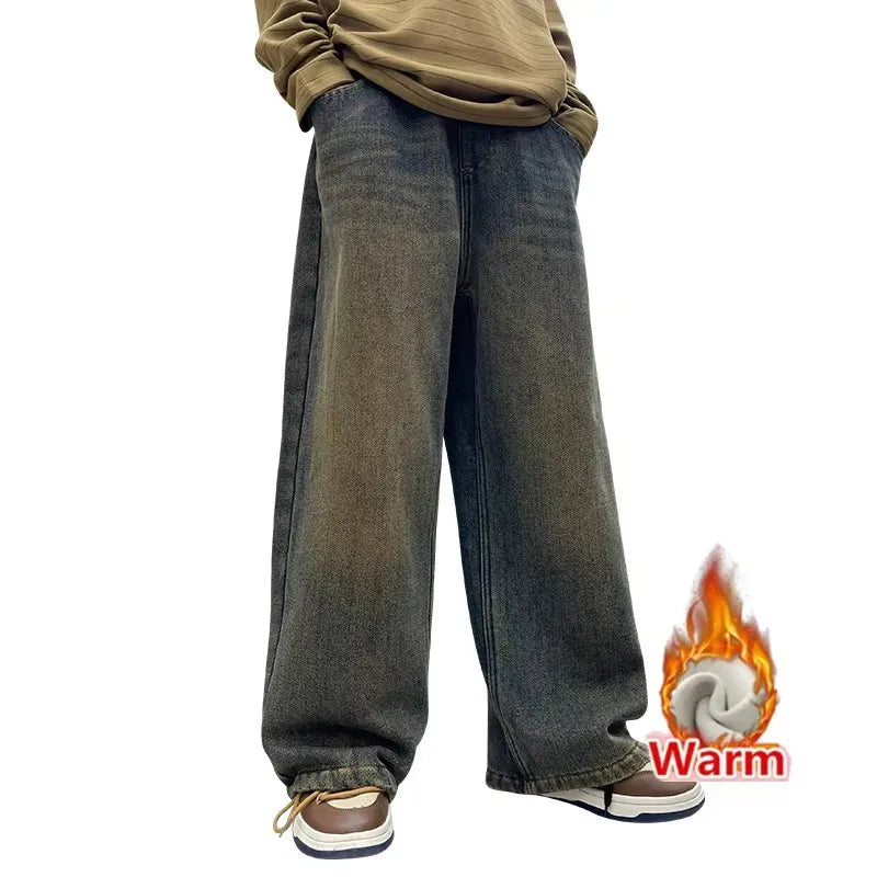 Autumn Winter School Boy Insulate Jeans Denim Pants Streetwear Child Retro Blue Straight Cut High Waist Warm Thermal Trousers