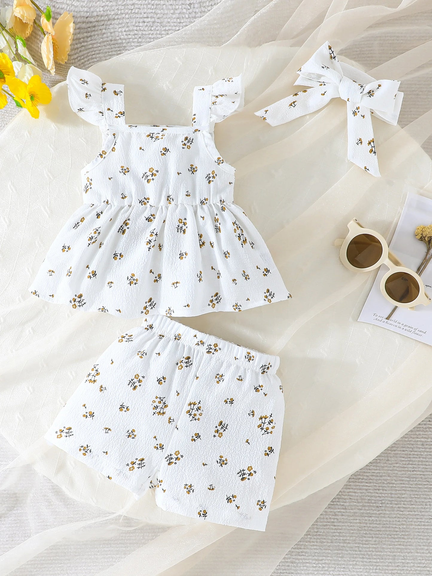 Sweet Girl's Clothing Set - Sleeveless Ruffled - shoulder Blouse with Floral Motifs, Matching Floral - print Shorts, and a Coord