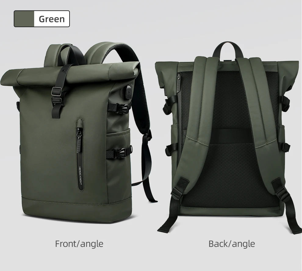 HK Expandable Waterproof Travel Backpack for Men Roll-Top Large Capacity 15.6 Inch Laptop Backpack with USB Hiking Camping Pack