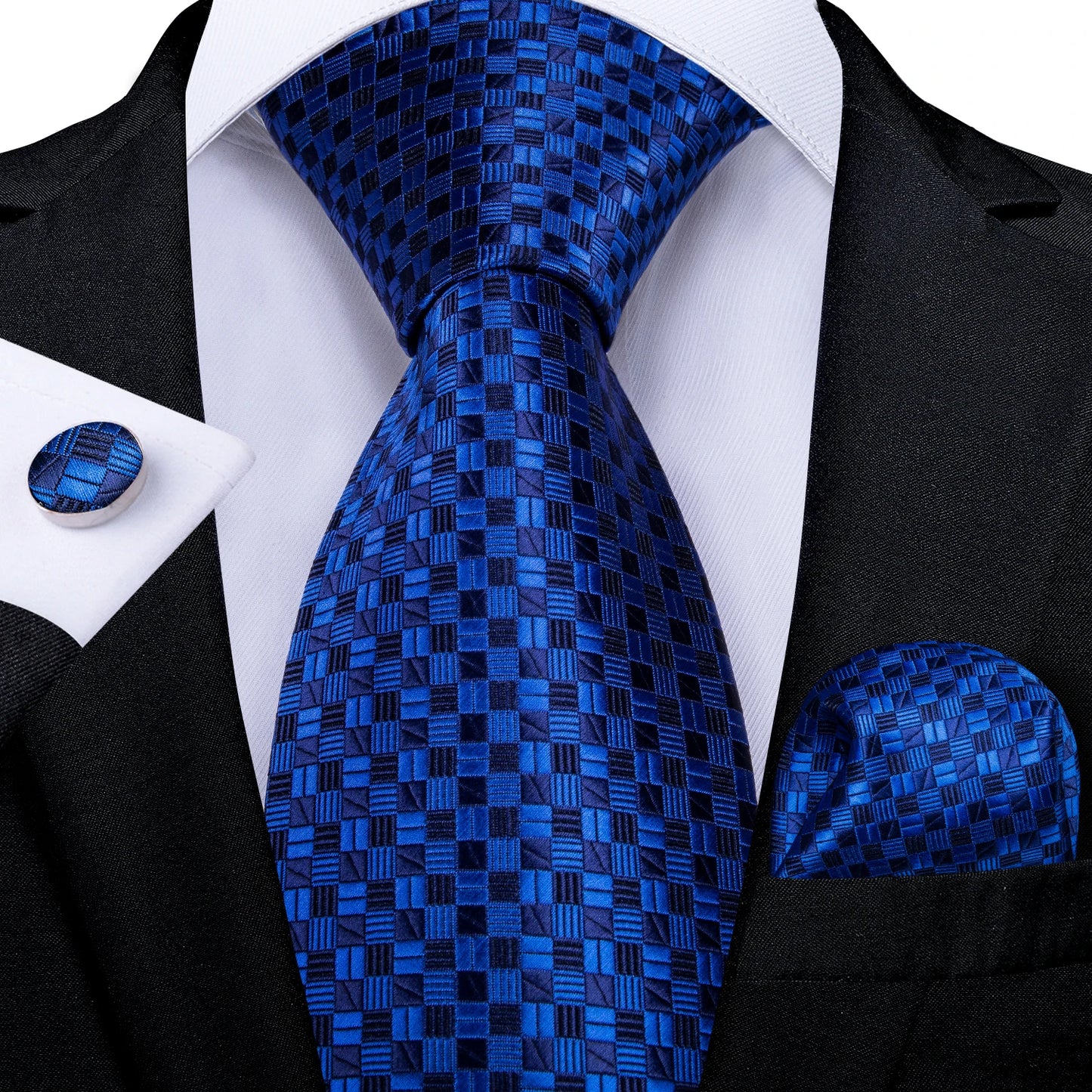 Royal Blue Paisley Plaid Striped Men tie Set with Handkerchief Cufflinks Wedding Prom Groom Accessories Perfect Gift for Men