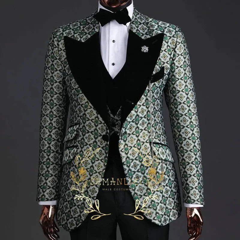 Latest Design Black White Dots Mens Suits For Wedding Shawl Lapel Groom Tuxedos Slim Fit Terno Masculino Prom Party 3 Pieces Set
