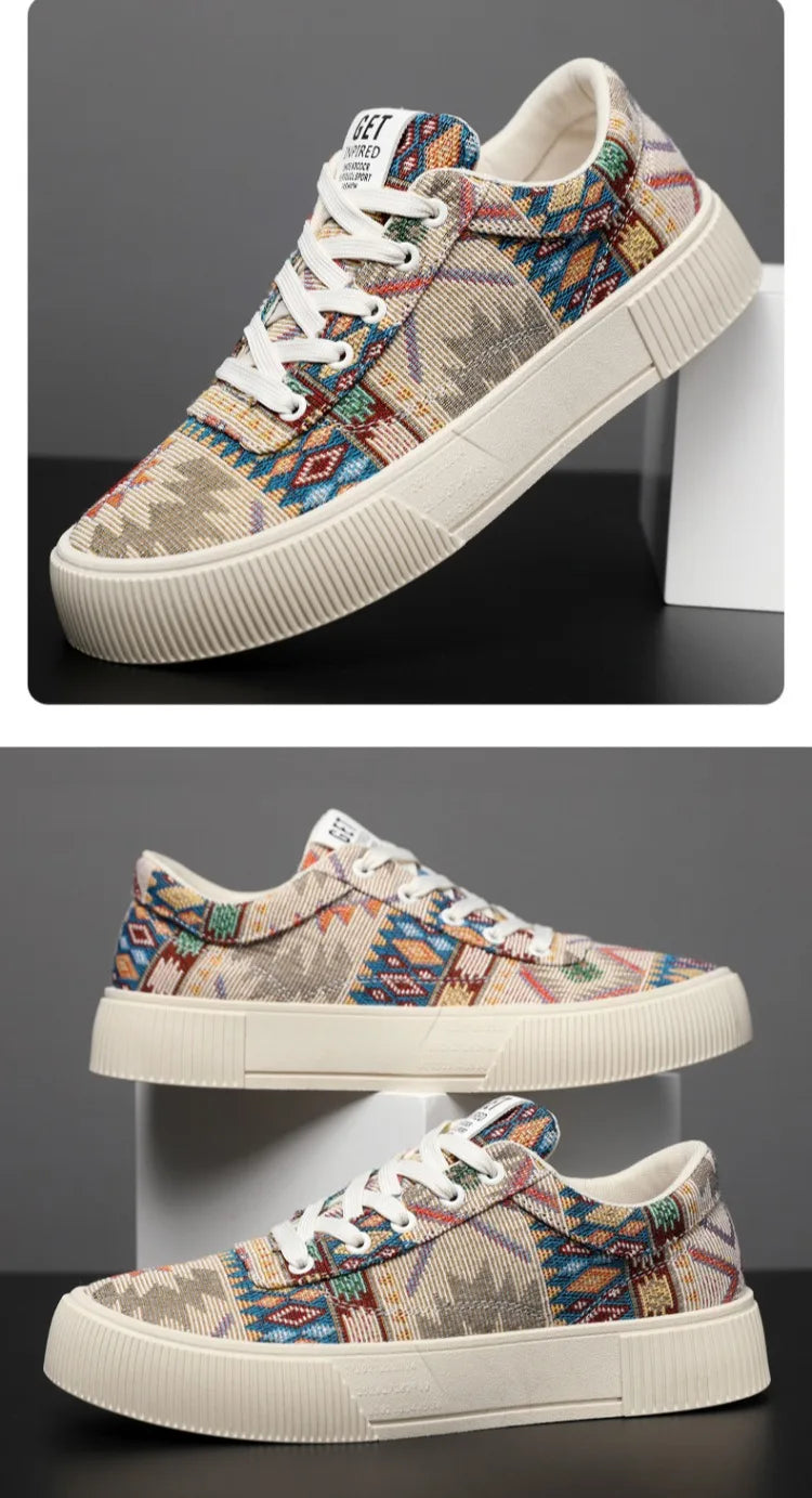 Sneakers Men 2025 New Spring and Autumn Ethnic Men's Shoe Low Top Retro Jacquard Flat Bottomed Board Shoes Oversized Mens Shoes