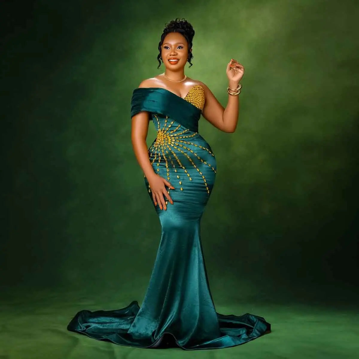 Aso Ebi Style Blue Green Mermaid Prom Dresses with Golden Crystals Off the Shoulder Silk Satin African Wedding Reception Dress