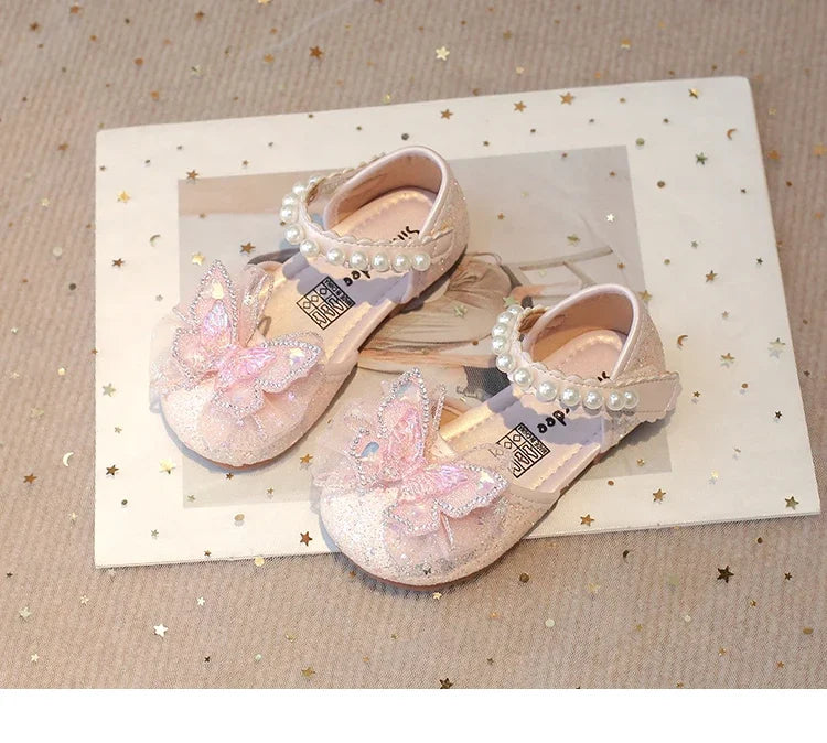 Chic Girls Dress Shoes for Wedding Party Bling Sequins with Rhinestone Butterfly Sweet Princess Chic Kids Flat Shoes Lace Beaded
