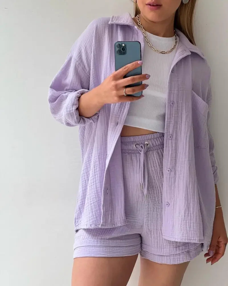 Short Sets Women Tracksuit Single Breasted Cardigan Blouses Two Pieces Shorts Loose Button High Street Solid Pockets Folds