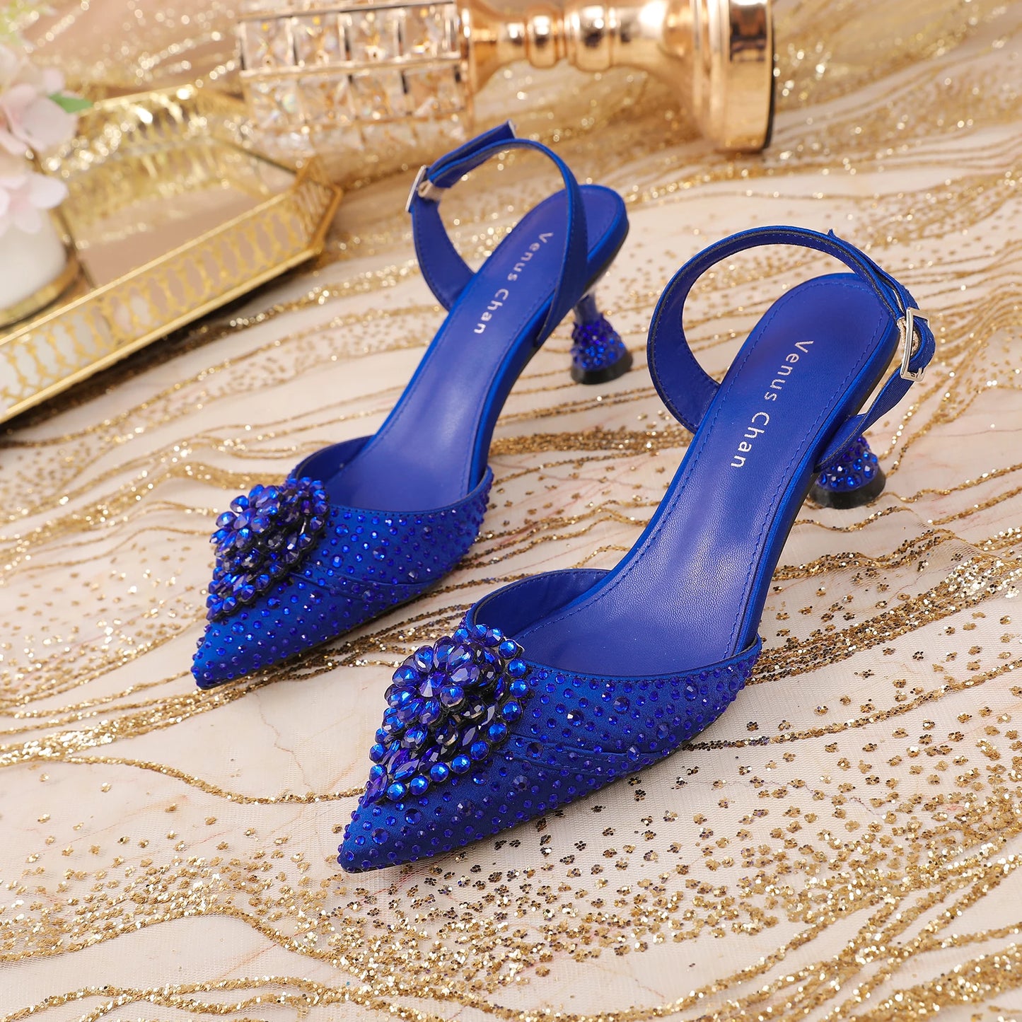 Luxury Elegant High Heels Royal Blue Color Diamond Embellished Pointed Toe Women's Shoes for Wedding Party Casual 2025 Style