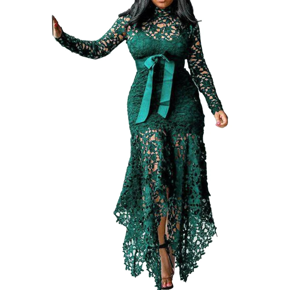 African Ladies Evening Gown Dresses Sexy Lace Long Sleeve Stand Collar Strappy Irregular Elegant Plus Size Long Dress Wedding