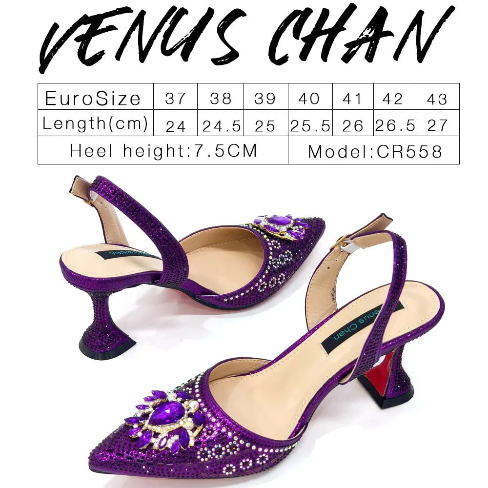 Nigerian Heel Party for Women Blue Color Shoes and Bag Set Rhinestone Handbag Italian Design Wedding INS 2025