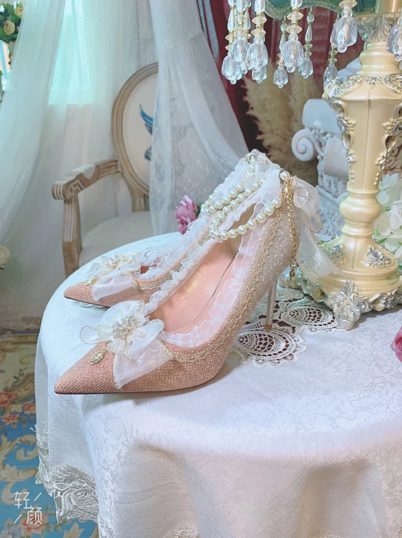 Lolita High Heels One Night Story Lolita Shoes Shiny Pointed High Heels Flower Wedding Ceremony 18 Year Old Slim Heels