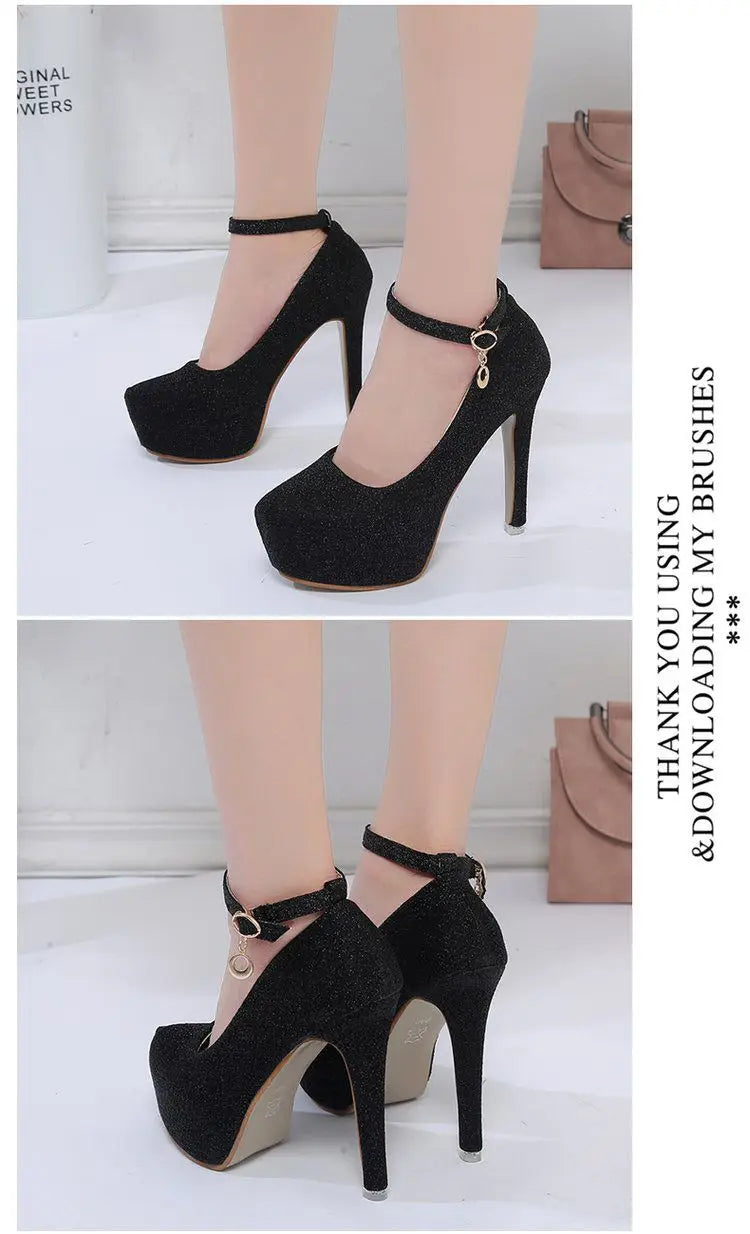 Fashion Wedding Shoes Women High Heels Women Pumps Bride Shoes Platform Super High Heel 12cm Black Silver