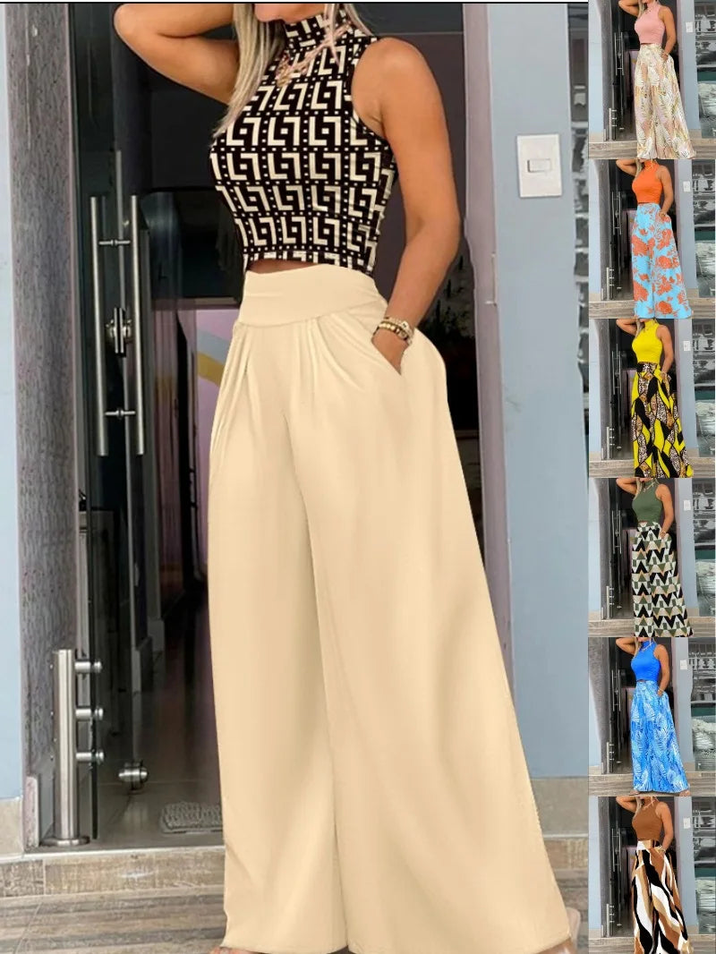 Summer Clothes Women 2024 Women Clothin Print Two-piece Set, Smooth Sleeveless T-shirt, Wide Leg Pants, 2024 Fashion Clothing