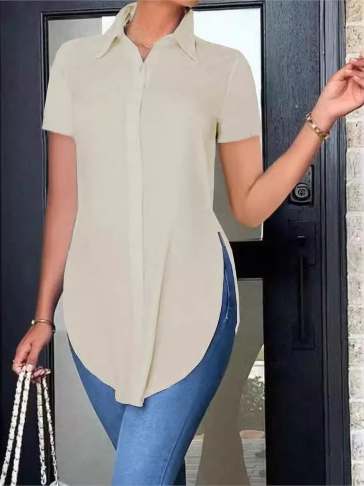 Women's Blouses Summer Casual White Short Sleeved Shirt Fashion OL Lapel Irregular Slim Shirts Women Clothing Streetwear Tops