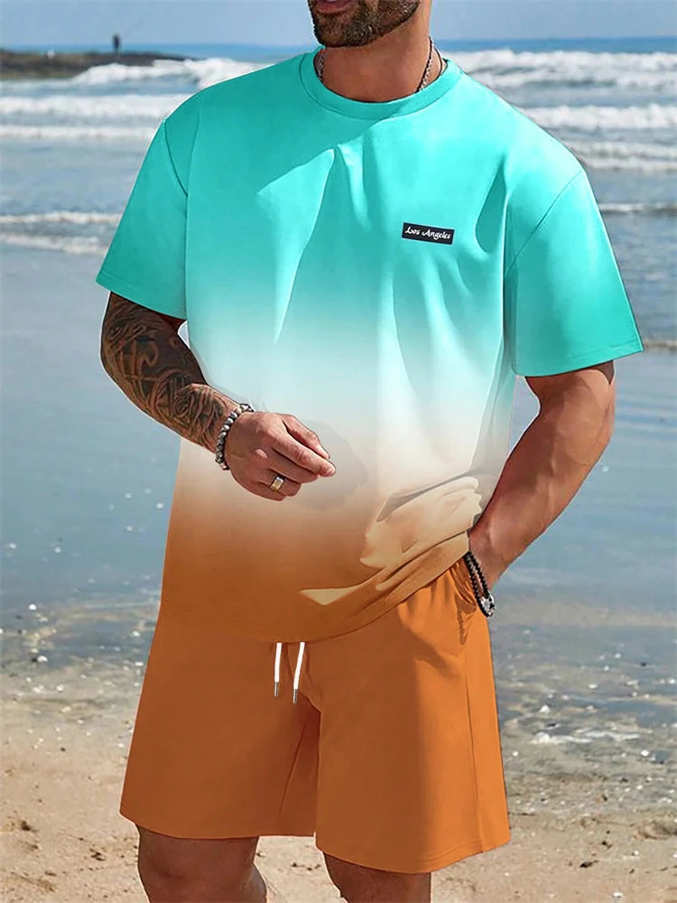 Summer Men's Suit Sportswear Fashion Casual Short Sleeve Vacation Style Gradient Printing Men's T-Shirt Shorts Suit Menswear