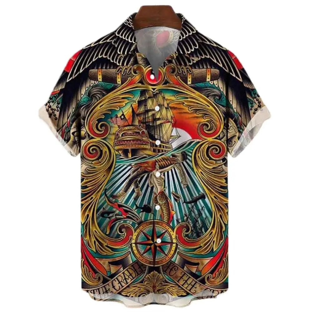 Japanese Men's Shirts Koi Print Hawaiian Buttons Beach Aloha Tops New 2024
