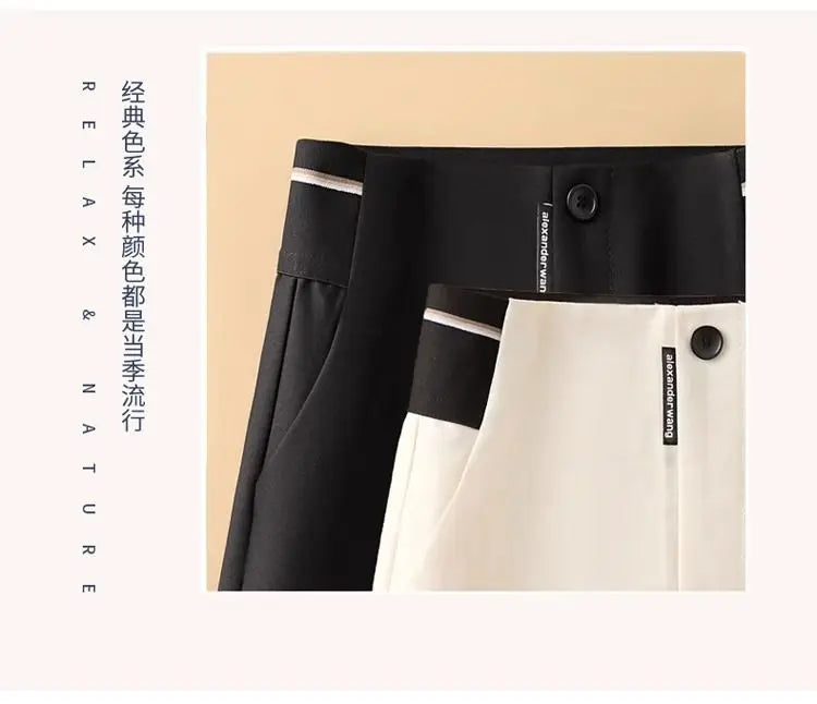 Female Korean Solid Color Spliced Casual Knee Pants Female Summer Fashion All-match High Waist Straight Pants Women's Clothing