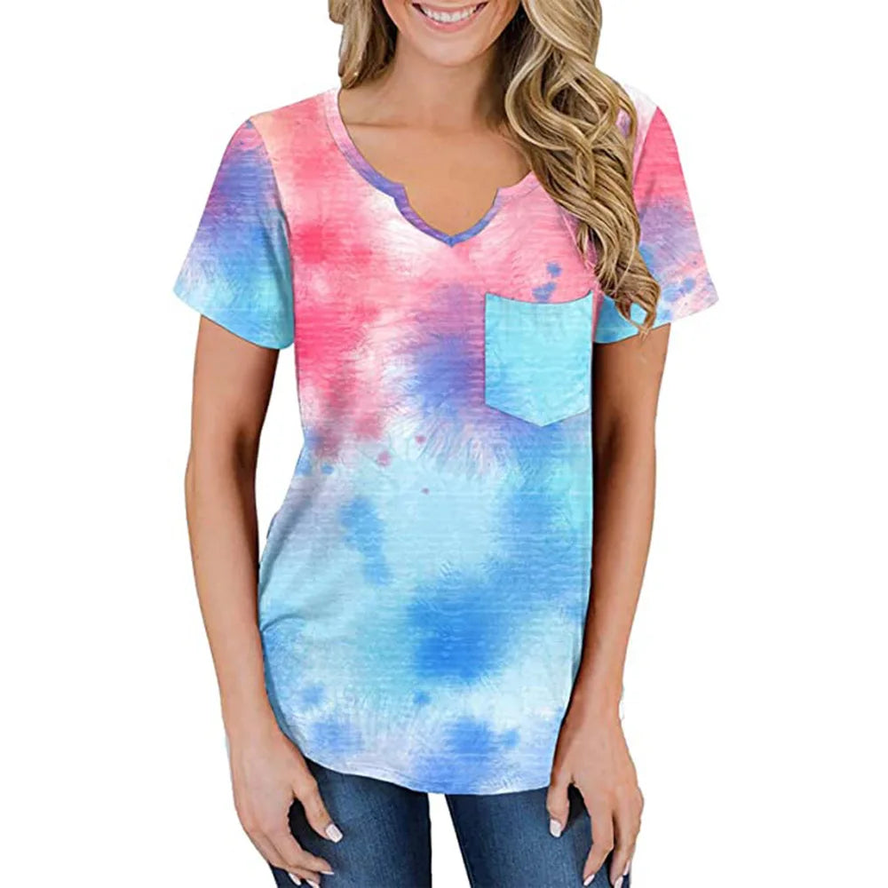 2024 Europe and the United States spring and summer new women's top printed V-neck short sleeve loose pocket T-shirt woman