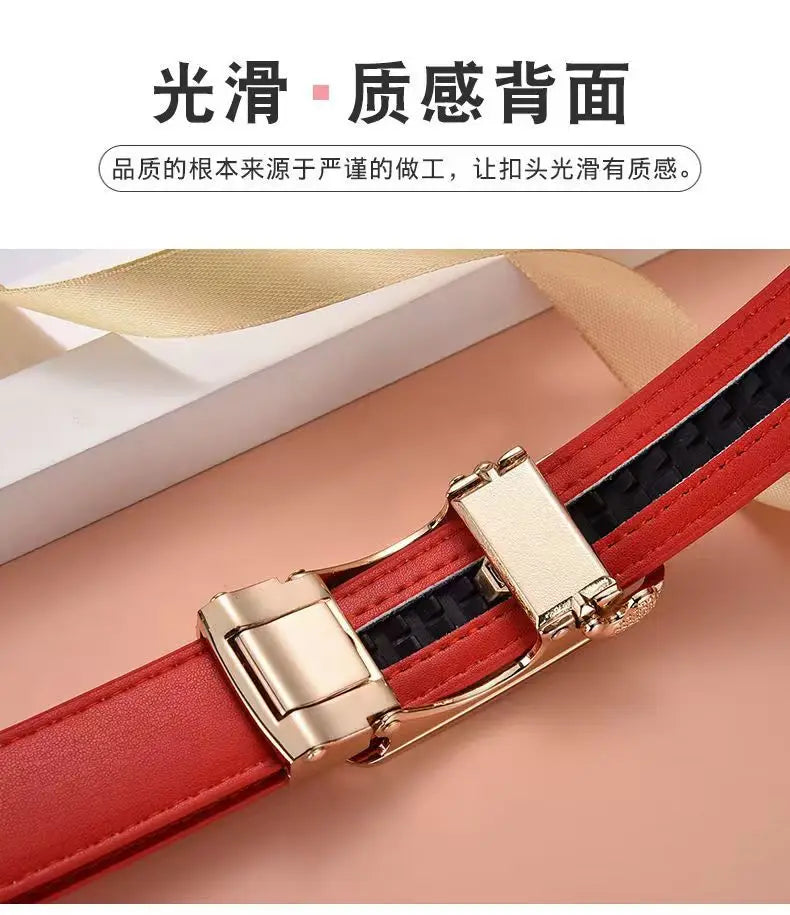 New Women's Genuine Leather Belt with Automatic Buckle: Red, Versatile, Trendy, Z - Letter Buckle, Made of Cowhide