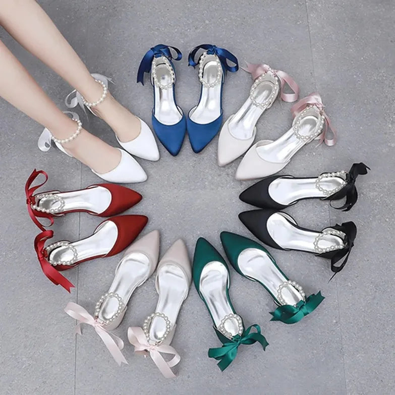 Wedding Shoes Bride Flat Heel Pointed Hollow Sandals Women White Satin Beaded Bride's Wedding Dress Shoes Sandalias De Mujer