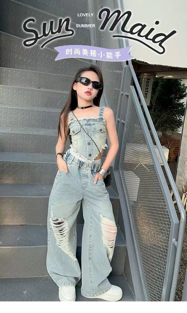 Girl Summer 2025 Halter Vest Ripped Wide-Leg Pants Two-Piece Set Kids Casual Harbor Flavor Simple Style