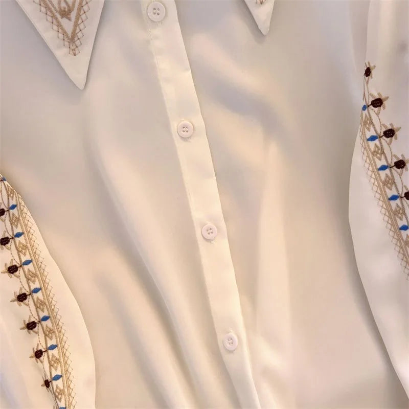 Embroidered Women be all-match High Quality Female Elegant Blouses Ladies Work Wear Shirts White Floral Clothings Chiffon Tops