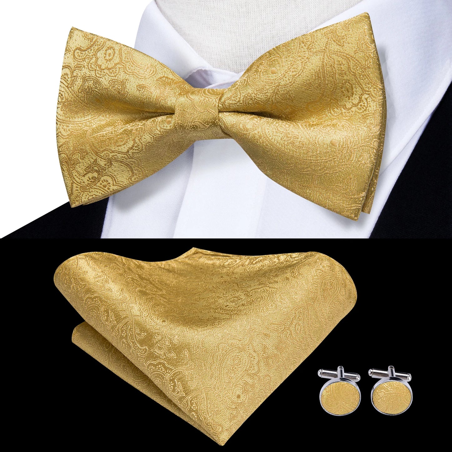 Hi-Tie Pink Dot Silk Mens Pre-tied Bow Tie Hanky Cufflink Set Dusty Pink Butterfly Knot Bowtie for Male Wedding Business