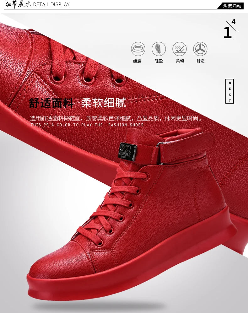 Fashion Luxury Men's Red High Top Sneakers PU Leather Casual Sneakers Men Flat Designer Shoes Breathable Hip Hop Sport Shoes Man