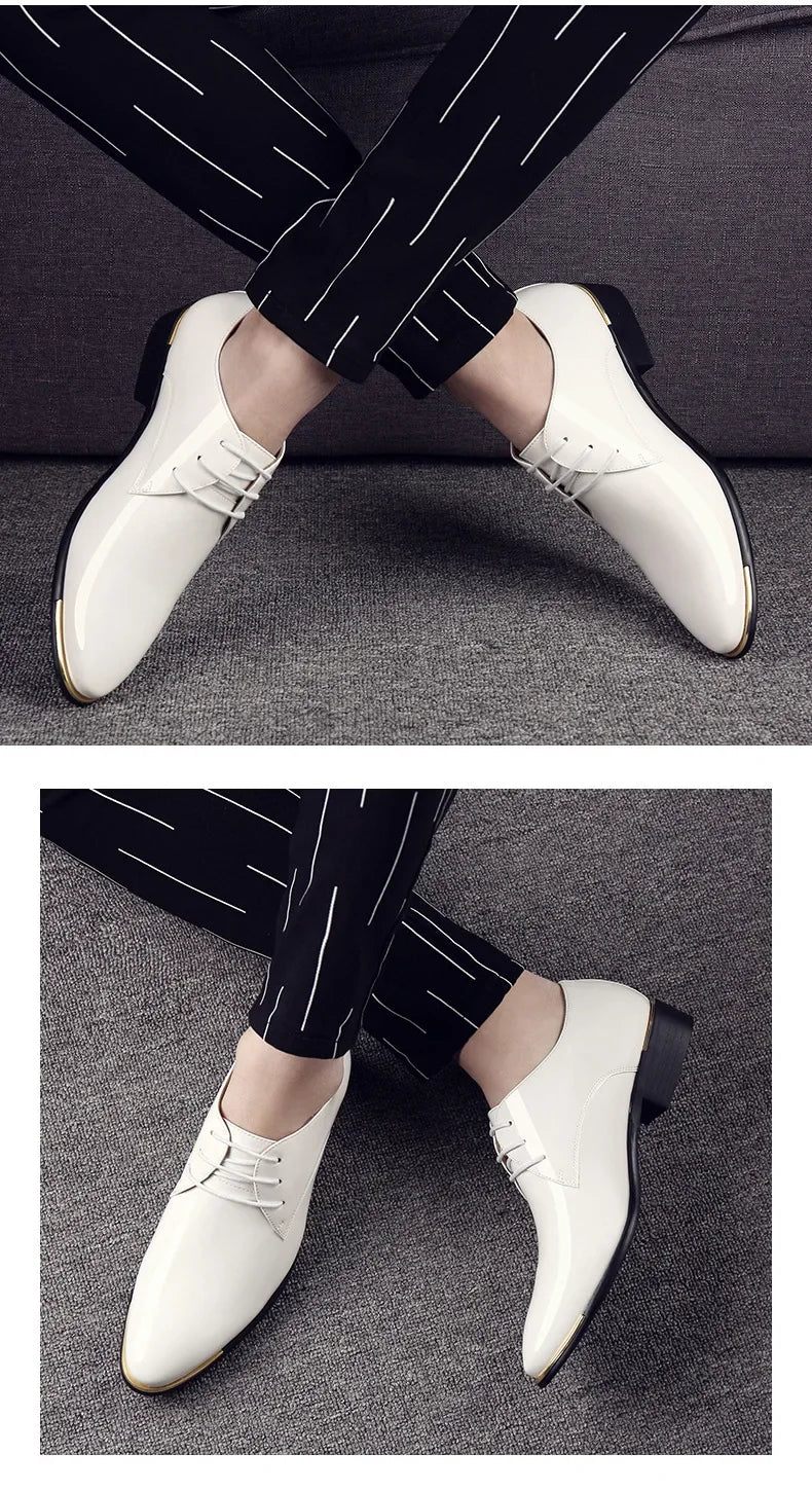 2024 New Men’s Patent Leather Shoes British Style Men's Dress Shoes Lace Up Pointed Toe Wedding Business Party Social Shoe Male