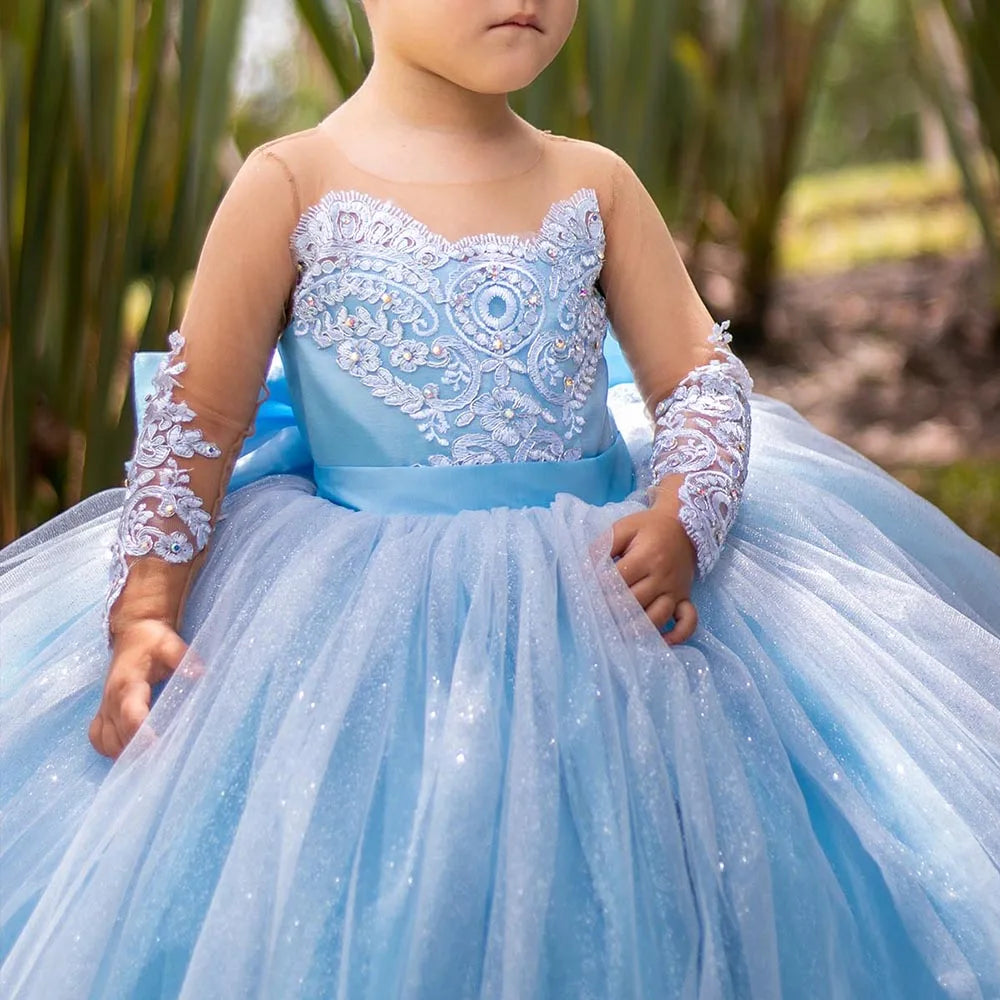 Long Sleeves Flower Girl Dresses For Weddings Toddlers Satin Bow Ball Gown Pageant Dress Sparkly 1st Communion Party Gowns