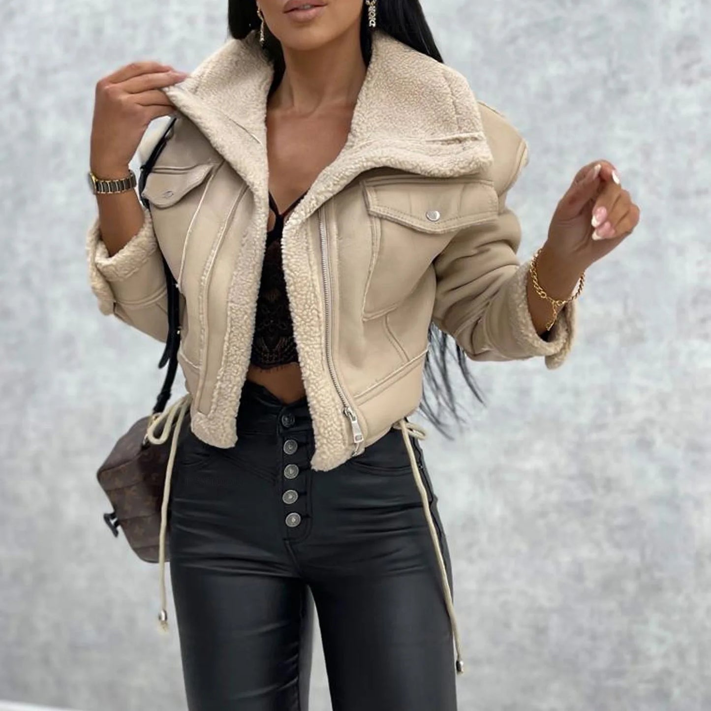 2025 Autumn Winter Women's Jacket New Fashion Lamb Fur Splicing Short Coat Zipper Motorcycle PU Leather Jacket Tops Female