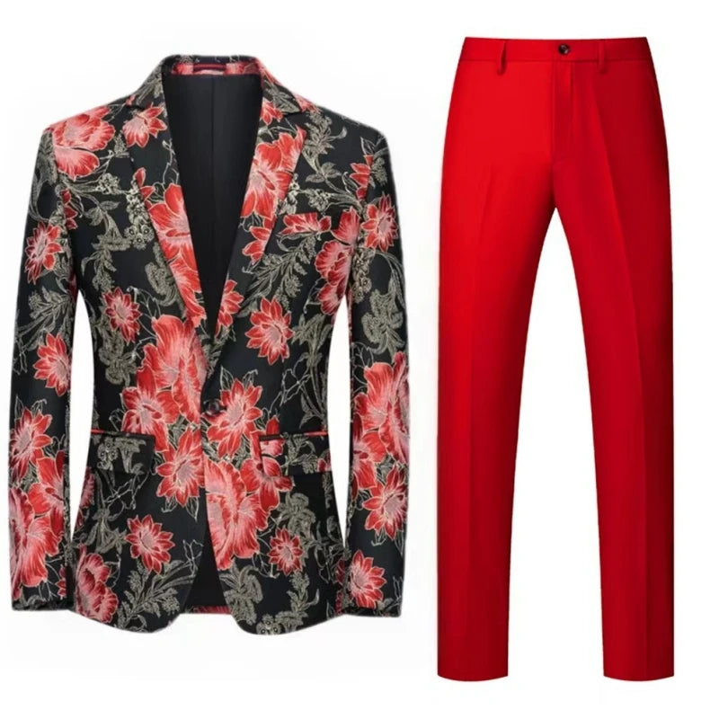 Men Suit 2 Pieces Orange Flower Pattern One Button Business Casual For Wedding Birthday Party Set Jacket And Pants