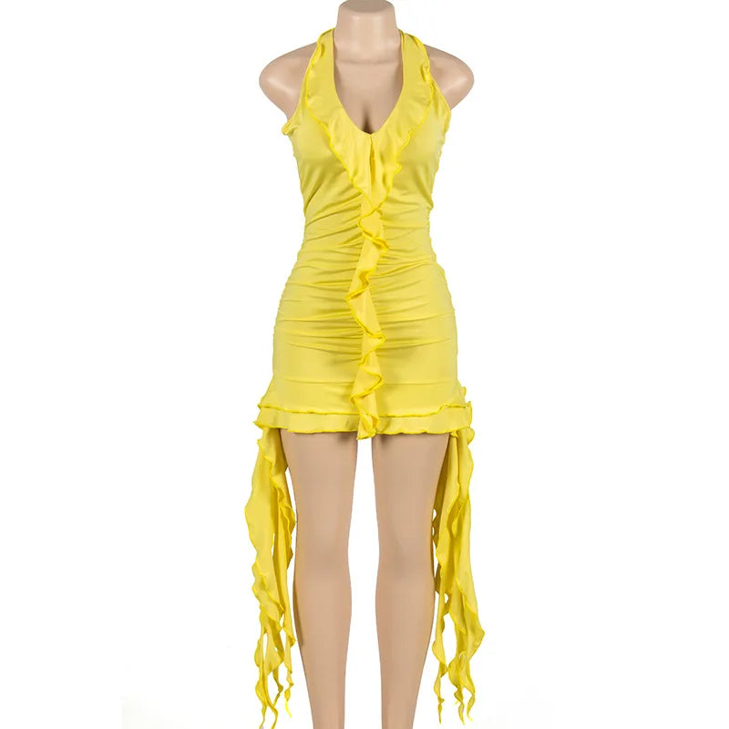 HLJ Sexy Ruffle Y2K Mini Dress For Women Halter Neck Backless Fringed Ruched Cocktail Summer Party Tassels Short Dresses