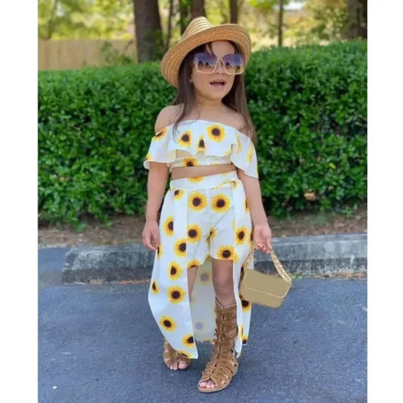 Kids Girls Clothing Sets Floral Print Off Shoulder Crop Top and Culotte Skirt Suits ( Not Include Hats, Bags,Glasses)
