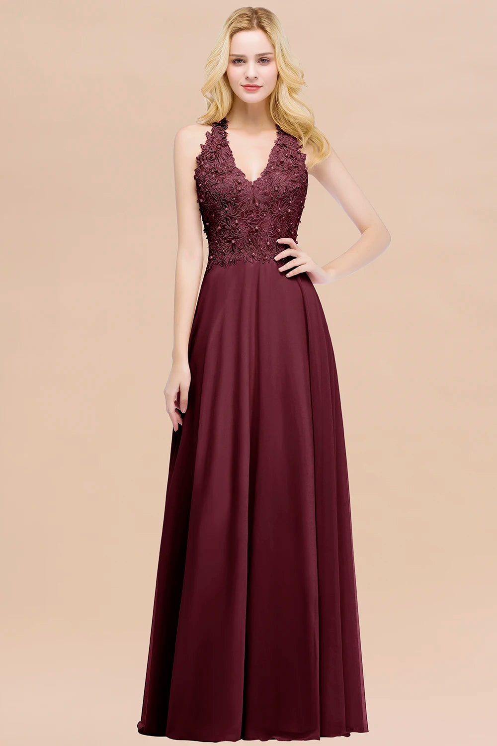 BABYONLINE Halter Neckline Lace Pearls Bodice Bridesmaid Dress Long Floor-length Skirt Chiffon Sexy Open Back Wedding Clothes
