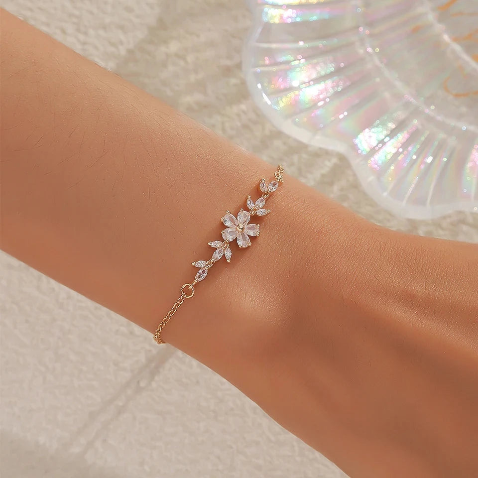 ZAKOL Elegant Zircon Flowers Bracelet For Women Girls Minimalist Charm Gold Color Chain Bracelets Wedding Jewelry