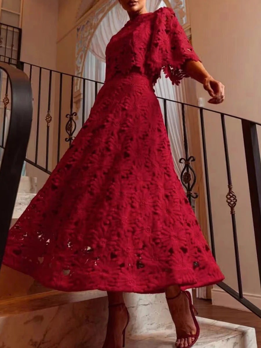 VGH Embroidery Two Piece Set for Women O Neck Batwing Sleeve Top High Waist Hollow Out A Line Long Skirt Elegant Suit Female New