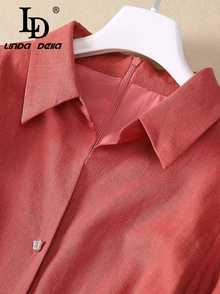 LD LINDA DELLA Elegant Commuter Solid Color Women's Dress Autumn Winter Turn-Down Collar Lace-UP linen long sleeves Dresses