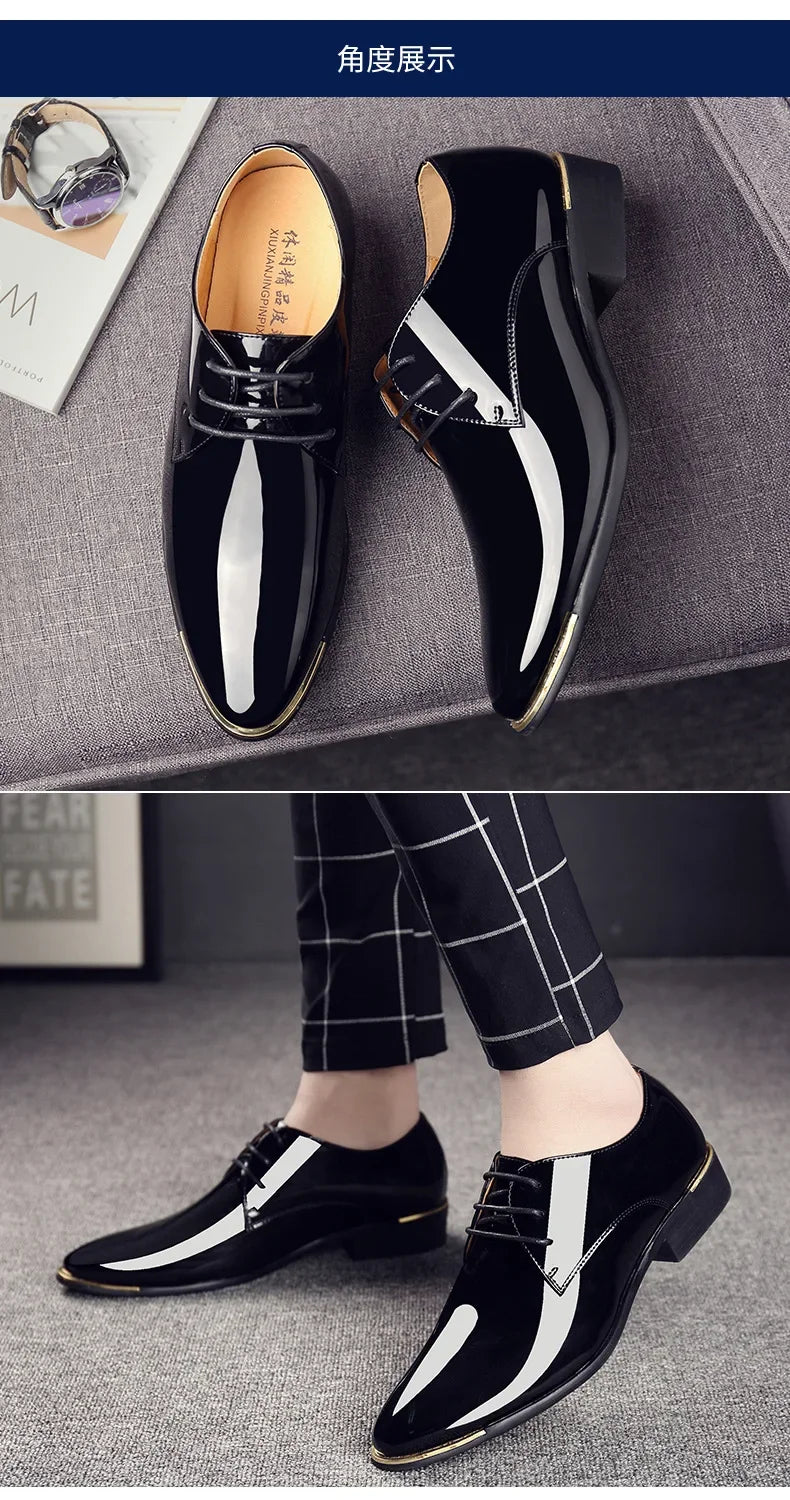 2024 New Men’s Patent Leather Shoes British Style Men's Dress Shoes Lace Up Pointed Toe Wedding Business Party Social Shoe Male