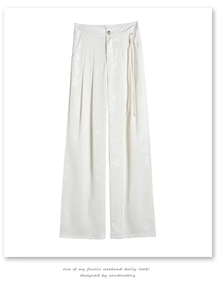 New Chinese Style Jacquard Wide Leg Satin Pants for Women Elegant Solid Office Lady Women's Casual Loose Pants Female