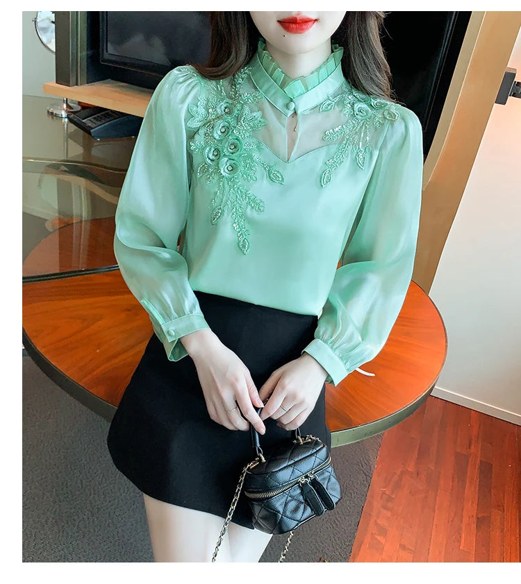 H Han Queen Elegant Autumn Shirt Embroidery Beads Chiffon Simple Office Blouse Loose Tops Long Sleeve Casual Blouses Women