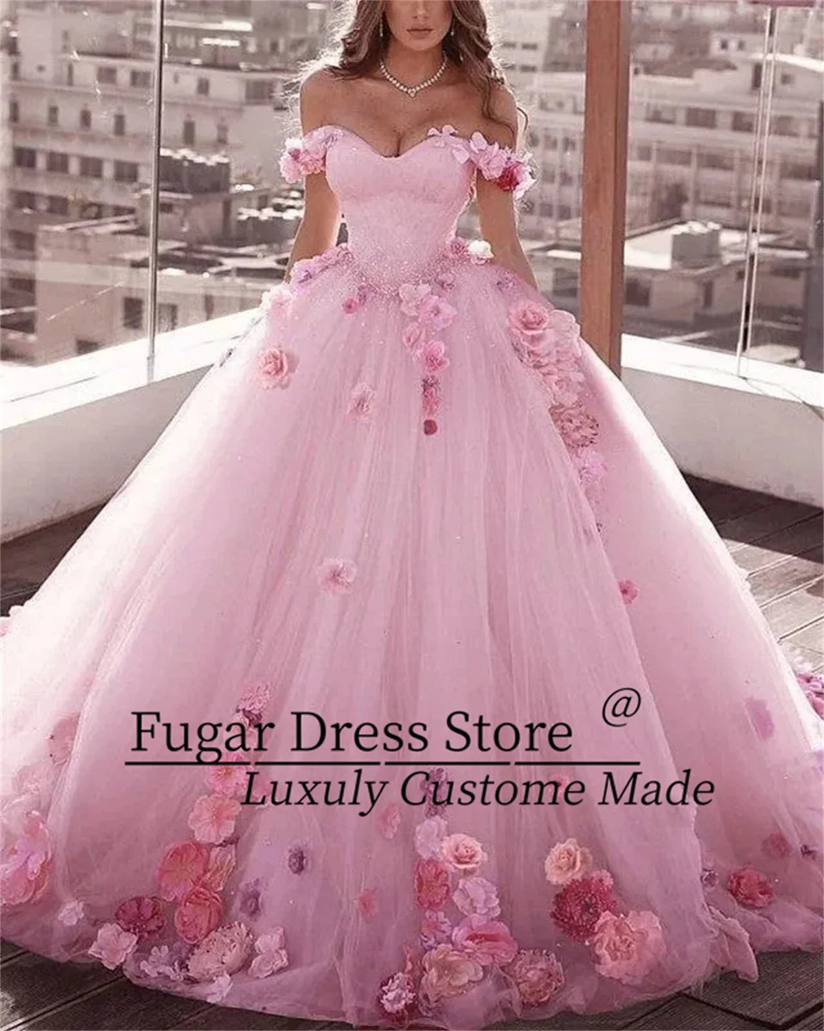 Sexy Pink 3D Flower Embroidery Bride Gown Wedding Dresses Sweetheart Off Shoulder Prom Evening Dress For Woman Vestido De Novia