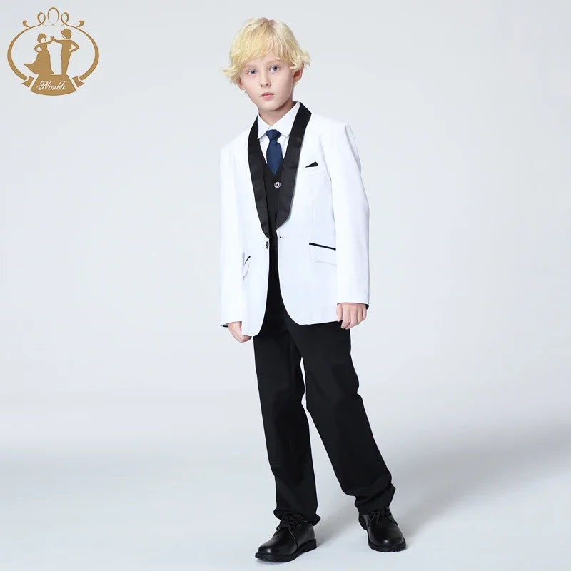 Spring Autumn Formal Suit for Boys Children Party Host Wedding Costume Coat Vest Pants 3Pcs White Wholesale Clothing Sets
