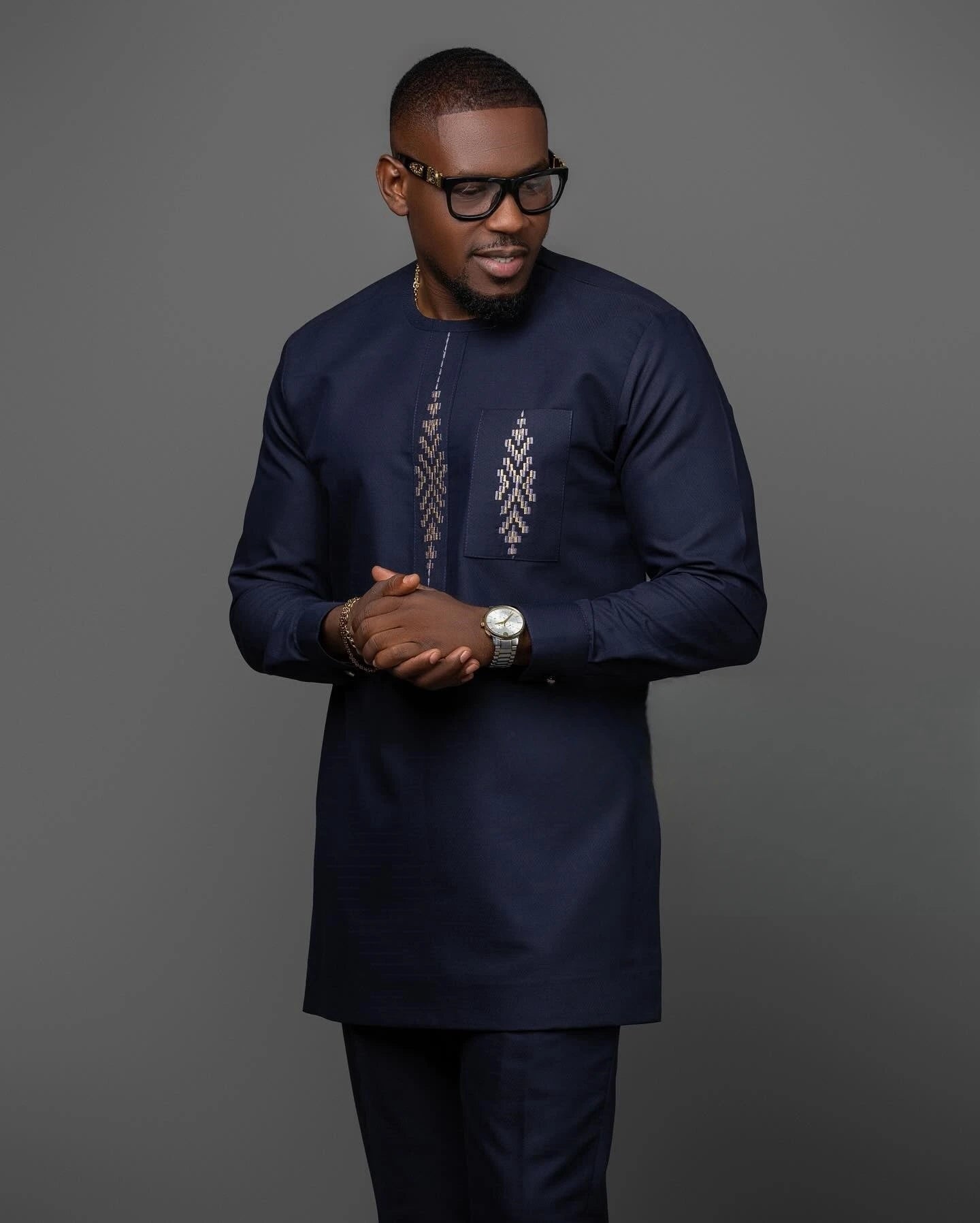 Kaunda Men's Suits Kaftan Outfits Round Neck Striped Print Long-sleeved African Ethnic Style Men's Sets Traditional Clothing