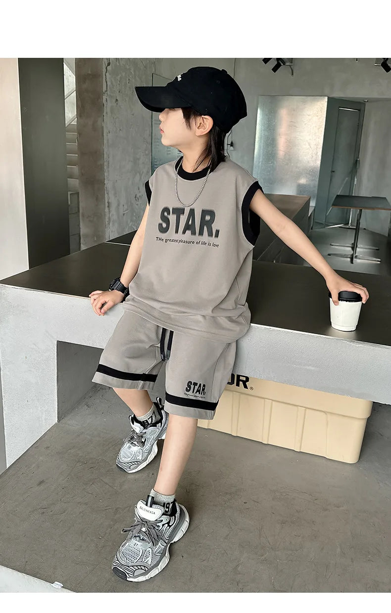 Summer 5-10 Years Old Boys' Sportswear Set 2025 Casual Loose Sleeveless Outfit | Trendy 2Pcs Clothing Letters Kids' Outfit