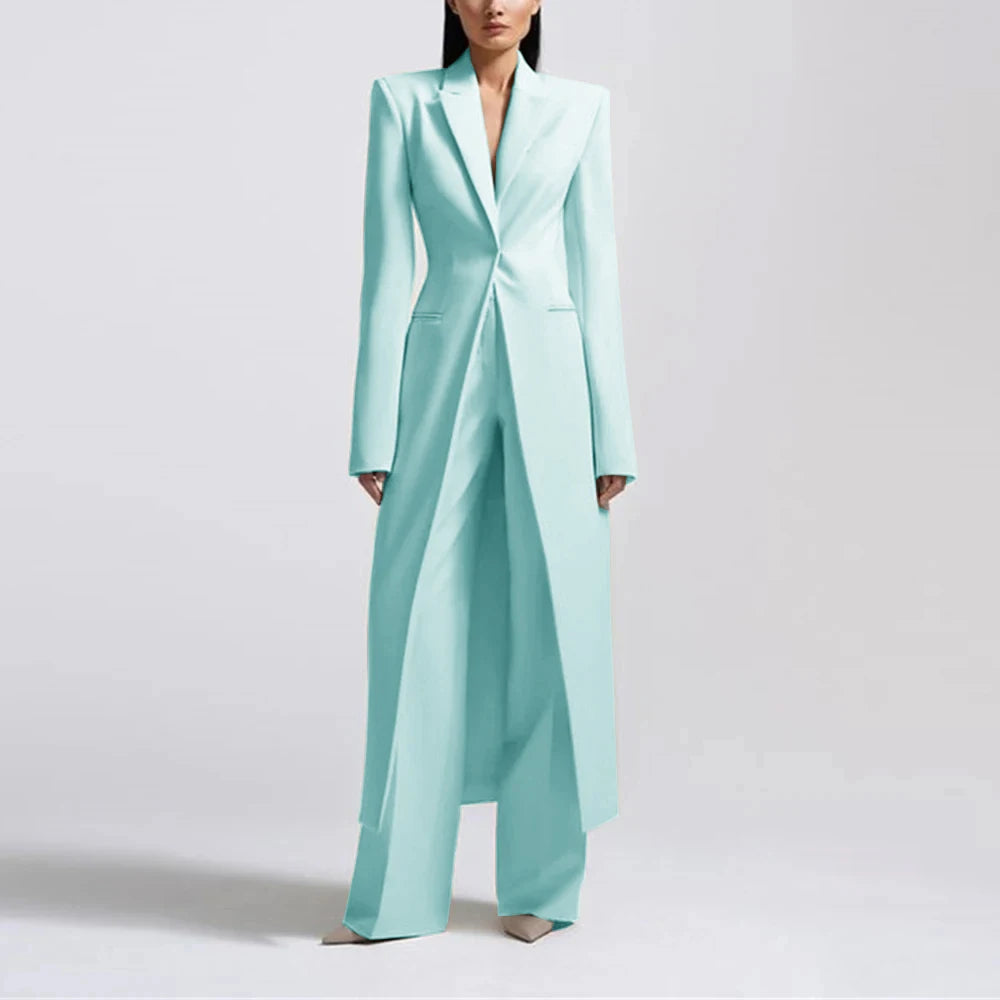 Fashion Beige Women's Blazer PantsSuit Peak Lapel Long Coat Wedding Formal Suits Office Lady Jacket Pant 2 Piece