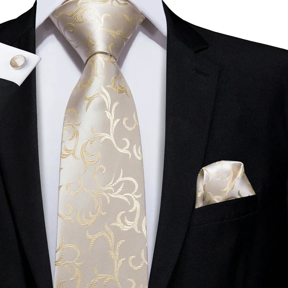 Hi-Tie Champagne Ivory Floral Solid Design Silk Wedding Tie For Men Quality Hanky Cufflink Fashion Nicktie Business Dropshipping