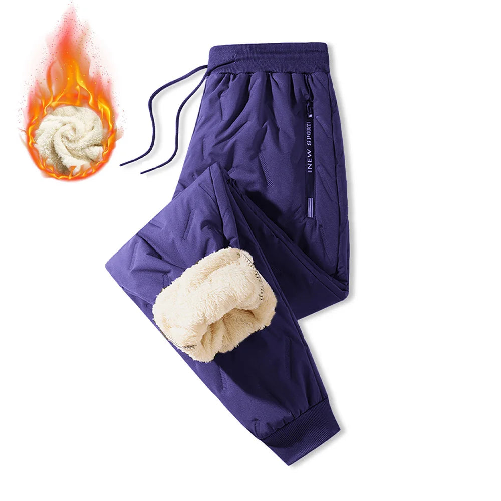 Winter Sweatwear Men's Plush Thick Sweatpant Thermal Zipper Pocket Trousers Casual Jogger Outdoor Windproof Thickened Pants