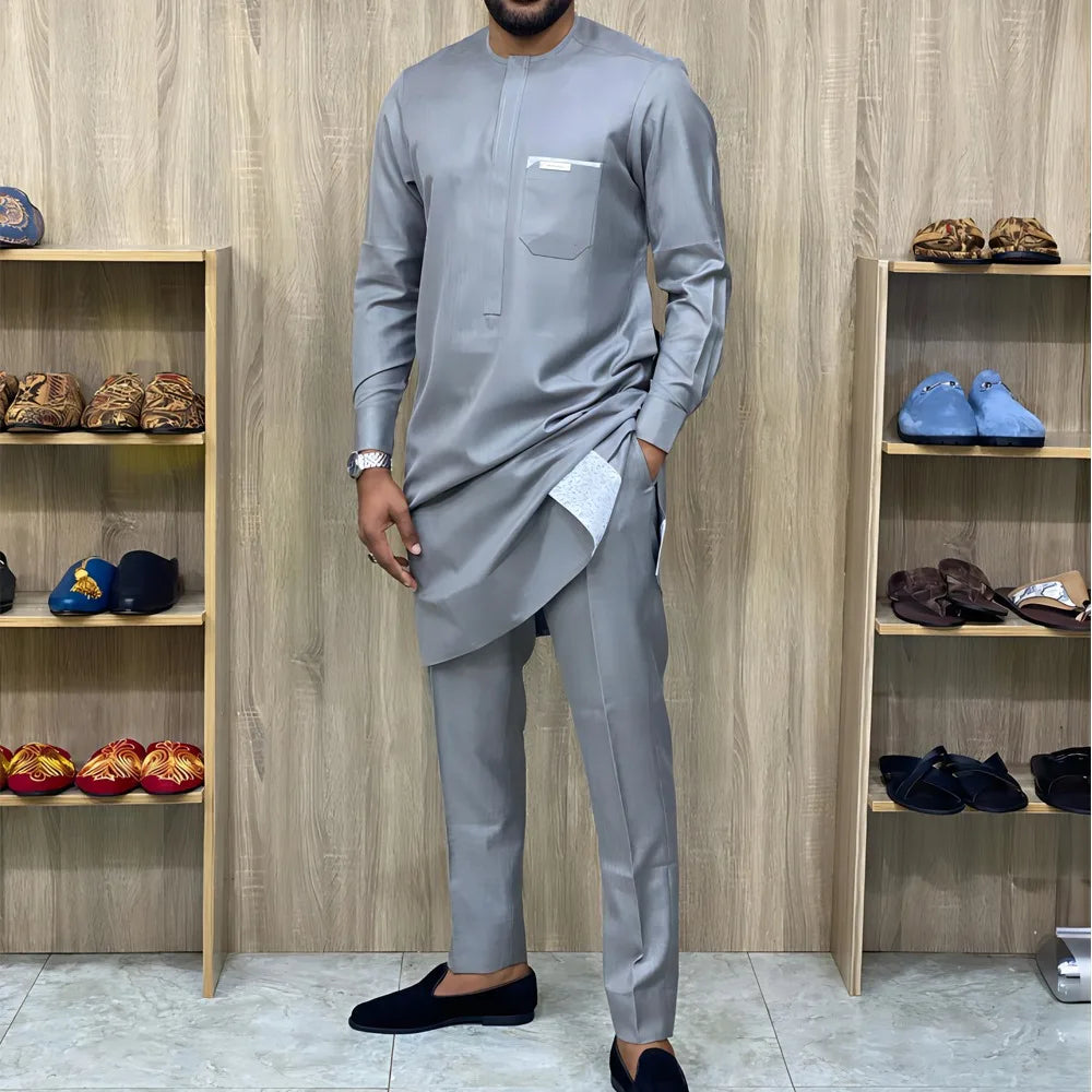 Kaunda Men's Suits Kaftan Outfits Round Neck Striped Print Long-sleeved African Ethnic Style Men's Sets Traditional Clothing