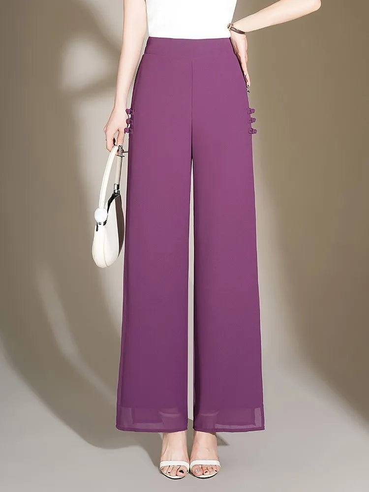 ZUZK Slit Chiffon Long Pants Summer Comfortable Elastic Waist Slim Double Layer Chiffon Pants Chic Droop Chinese Style Pants