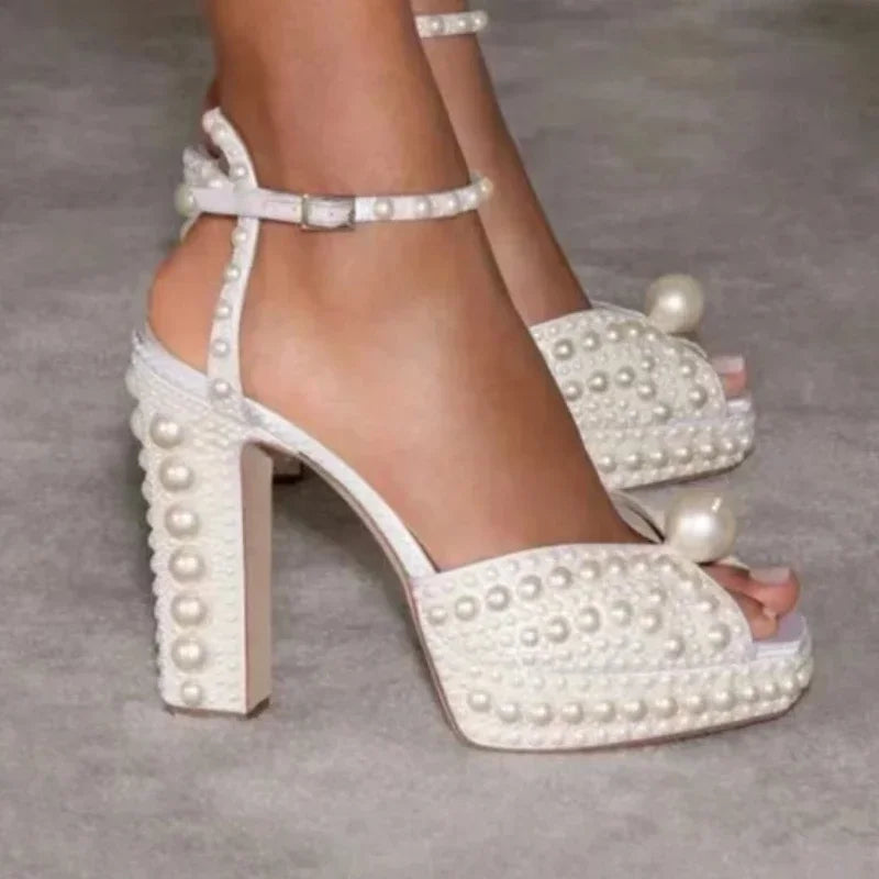 Shoes for Women Beaded Thick Heel Fish Mouth Sandals 35-41 High Heel Waterproof Platform Women's Shoes Wedding